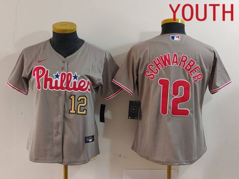 Youth Philadelphia Phillies #12 Schwarber Grey Game 2024 Nike MLB Jersey style 1->los angeles dodgers->MLB Jersey